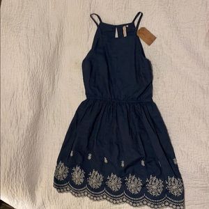 Red camel denim lace dress